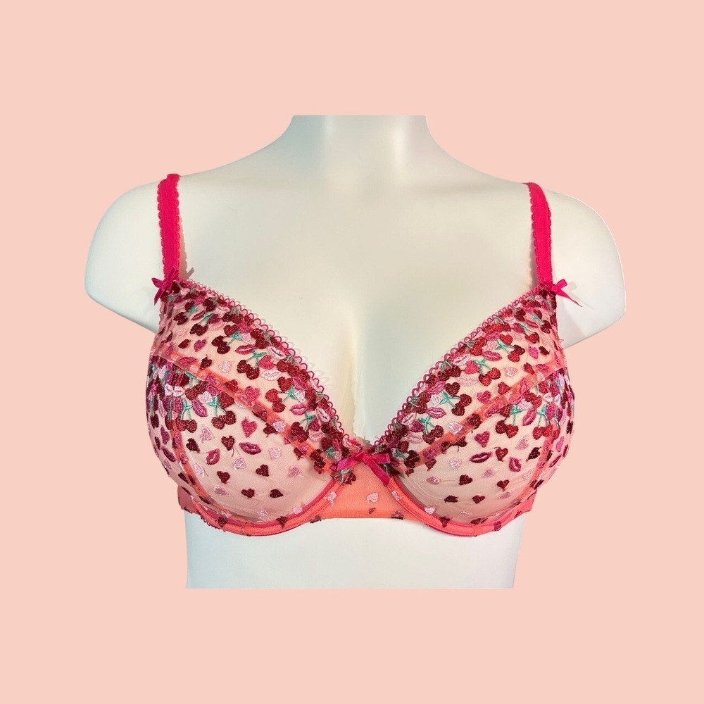 Cherry Heart Lips Sheer Mesh Bra 36DDD/F Valentines Day Sexy Flirty Datenight